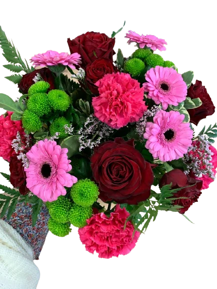 Bukiet róz z czerwonymi różami, różowymi gerberami i zielonymi chryzantemami