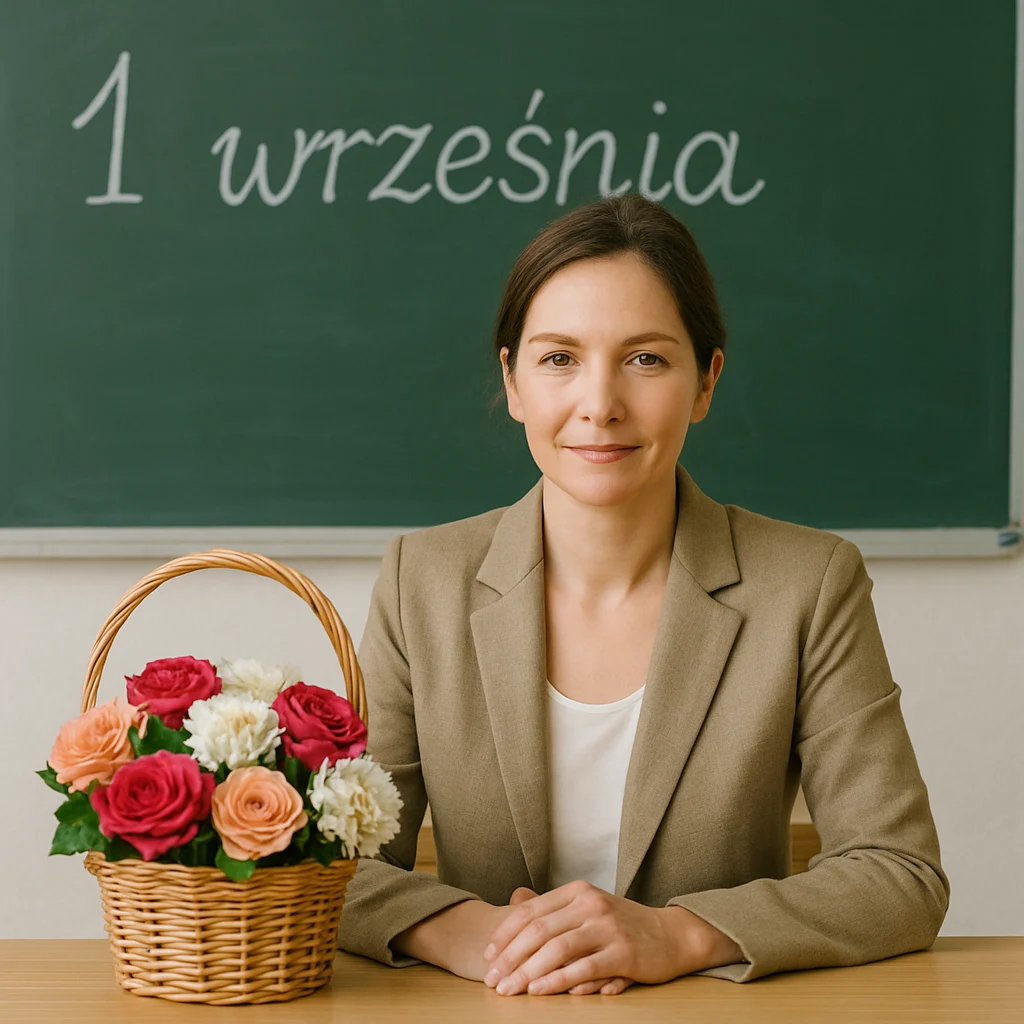 Nauczycielka z koszem róż i goździków na rozpoczęcie roku szkolnego 1 września