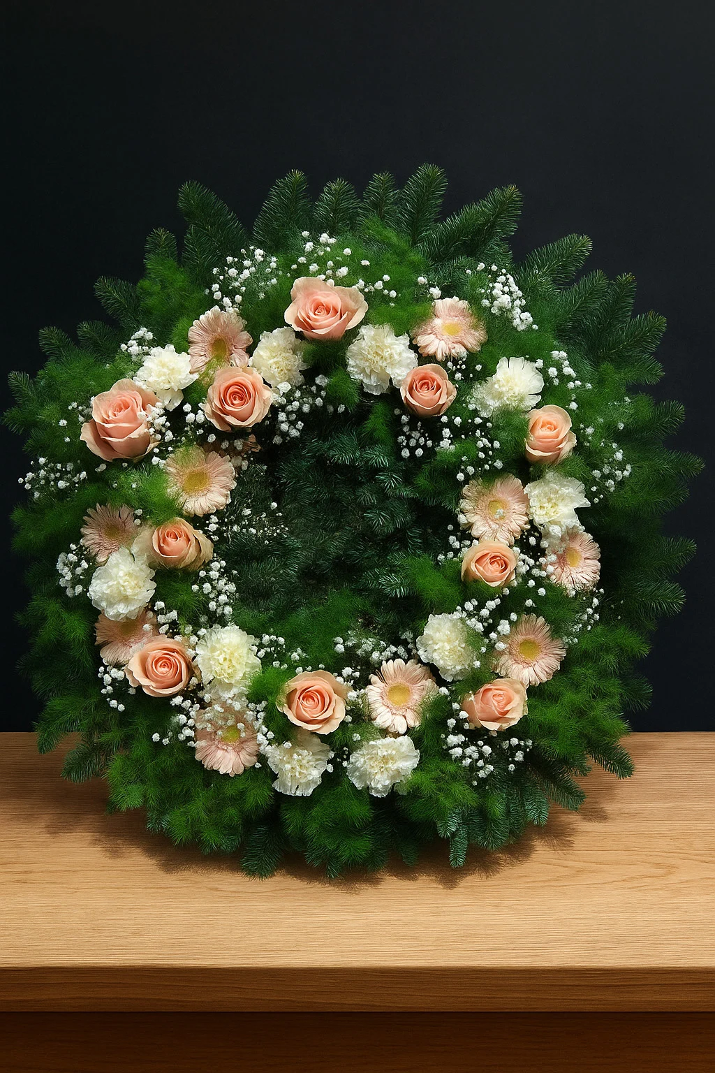 Wieniec pogrzebowy leżący z różami, gerberami i goździkami