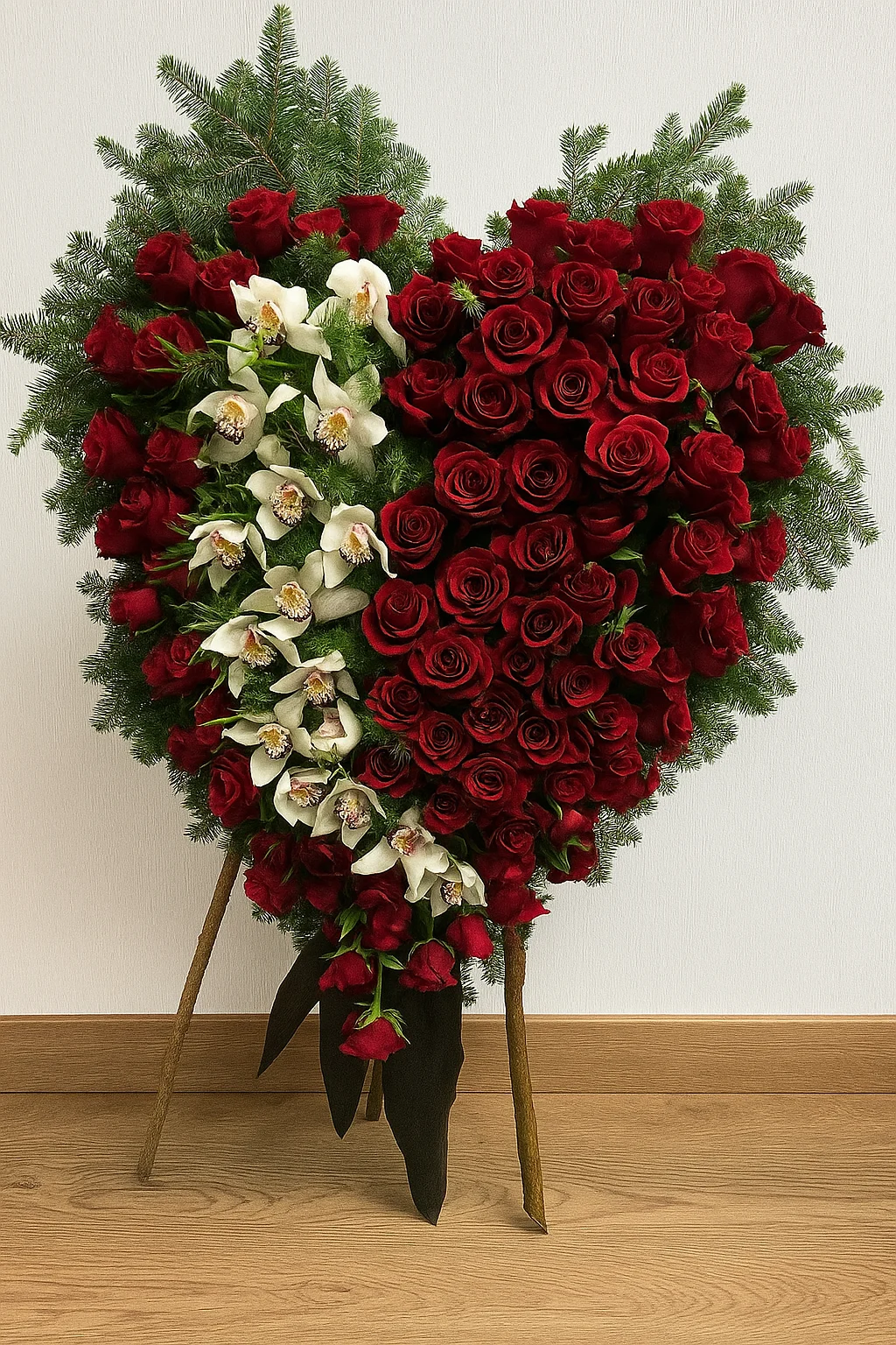 Niegasnące serce – elegancki wieniec pogrzebowy na stojaku z czerwonych róż i białych orchidei