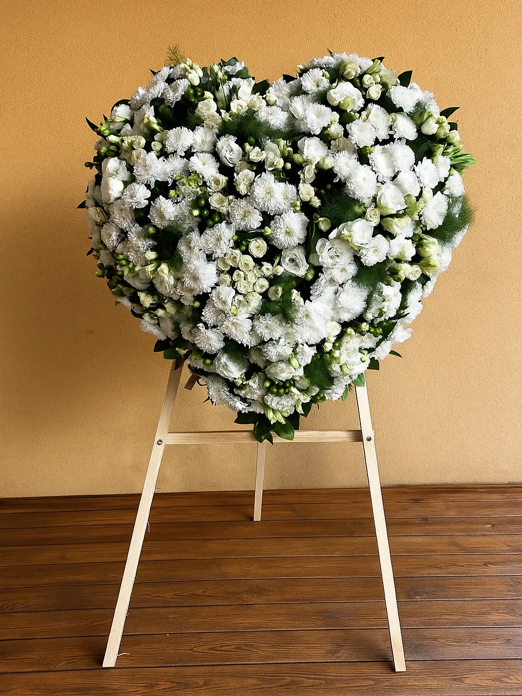 wieniec na pogrzeb stojący z białych i kremowych róż, margaretek, eustom i gipsówki