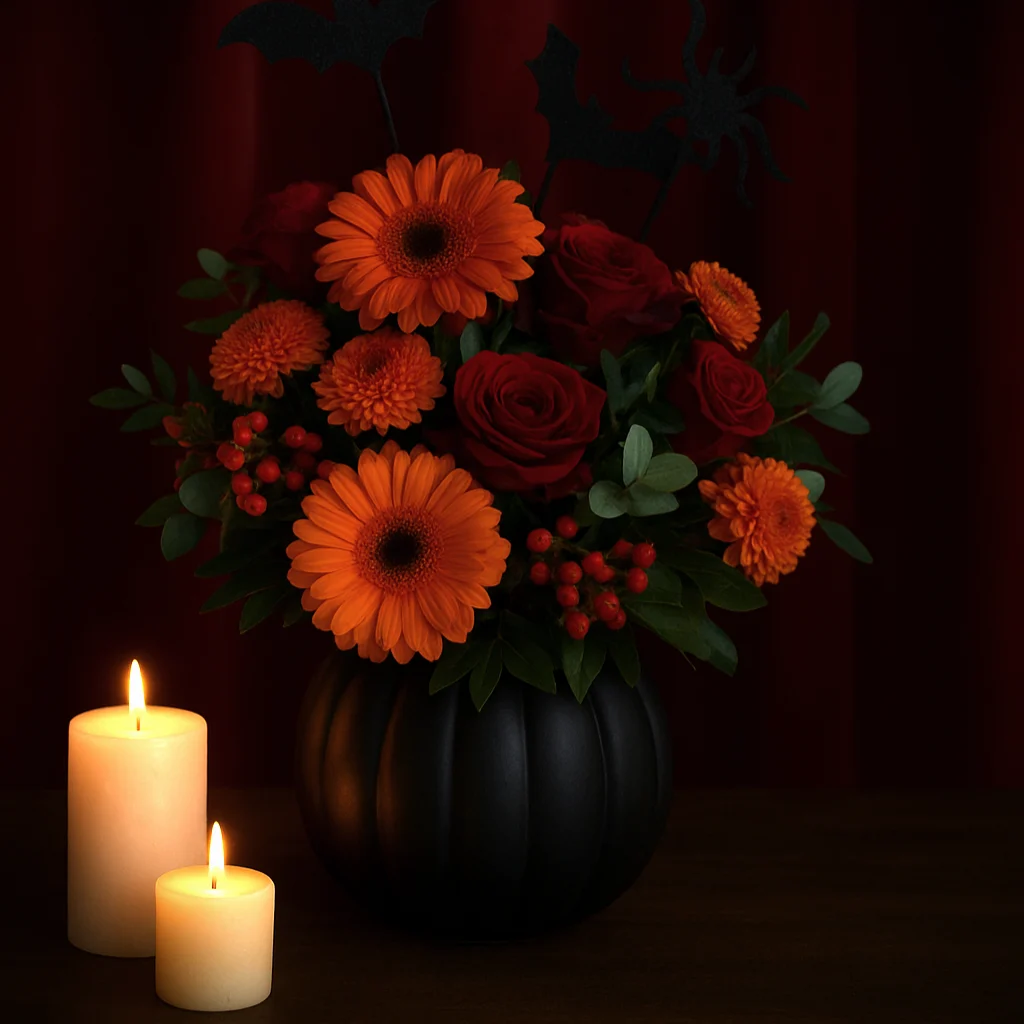 Elegancka dekoracja z czerwonymi i pomarańczowymi kwiatami obok świec.
