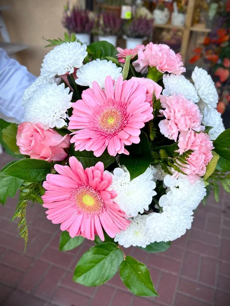 gerbery z białymi chryzantemami