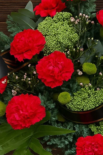 Wiązanka pogrzebowa z czerwonych goździków i zieleni