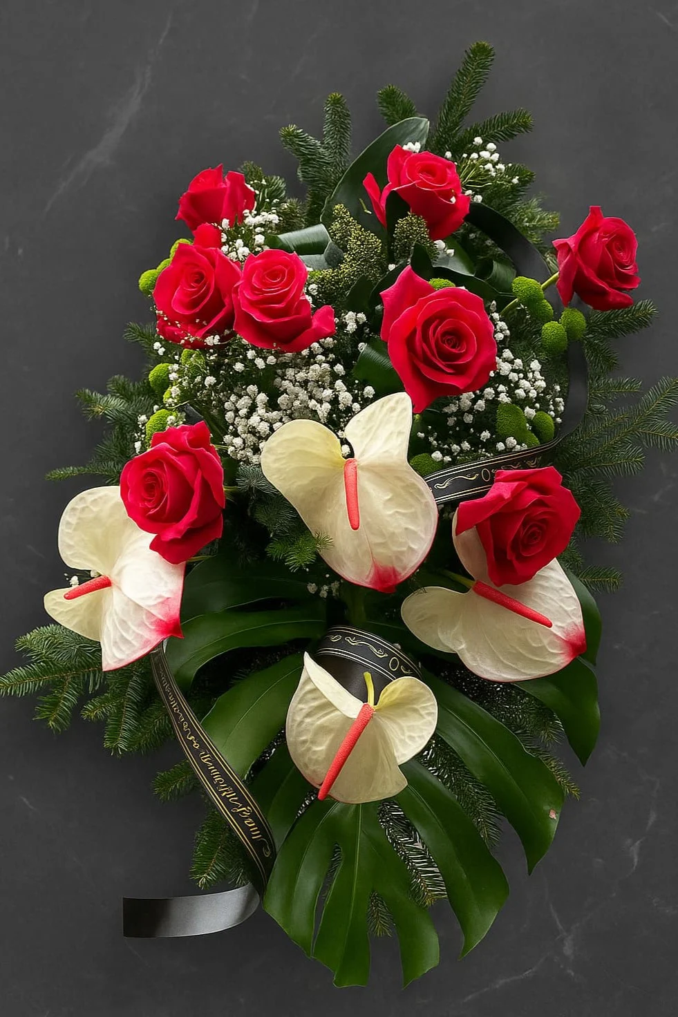 Eleganckie wiązanki pogrzebowe z anturium i różami