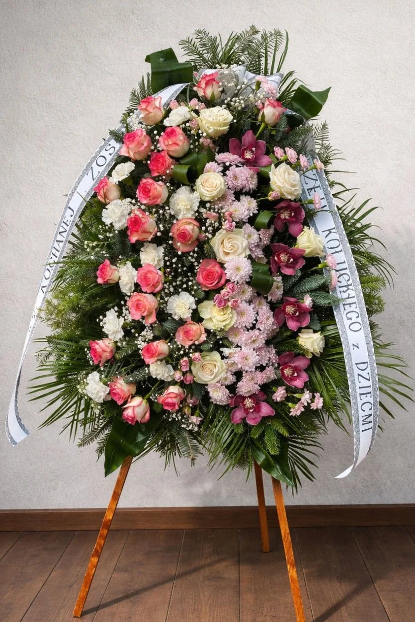 Różowy wieniec pogrzebowy na stojaku z róż i storczyków