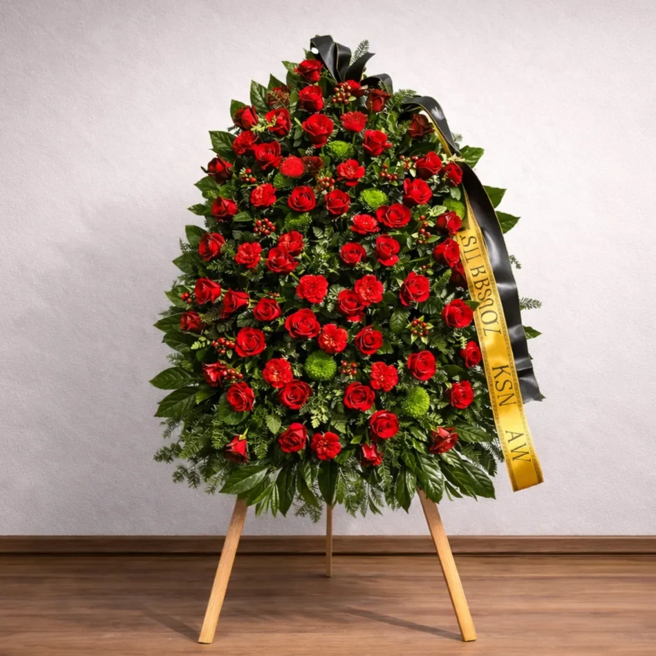 Wieniec pogrzebowy z czerwonymi różami i santini