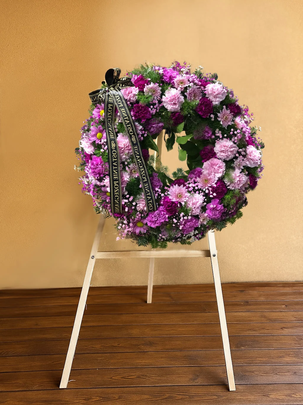 wieniec pogrzebowy z fioletowych kwiatów na stojaku
