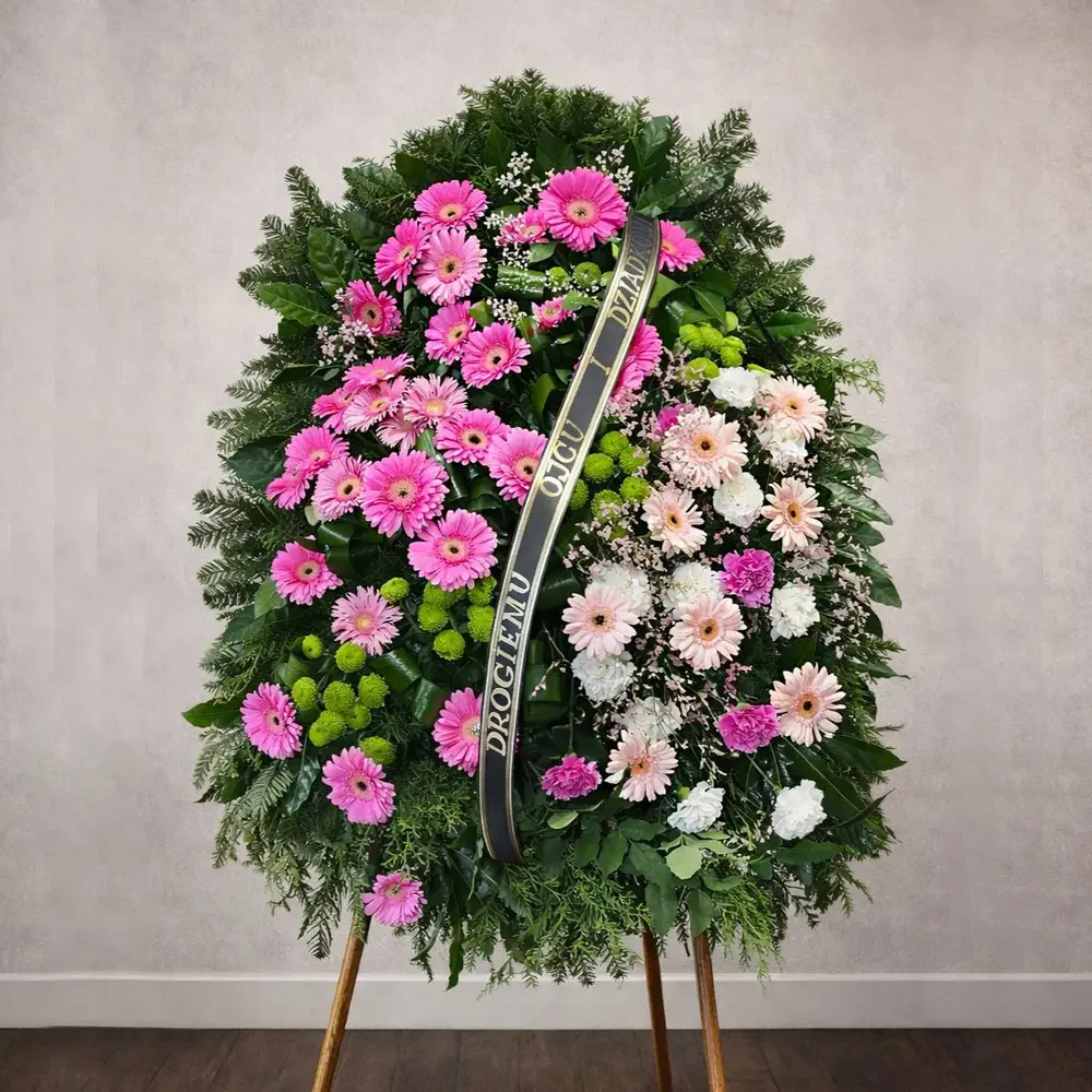 Wieniec pogrzebowy z różowymi gerberami