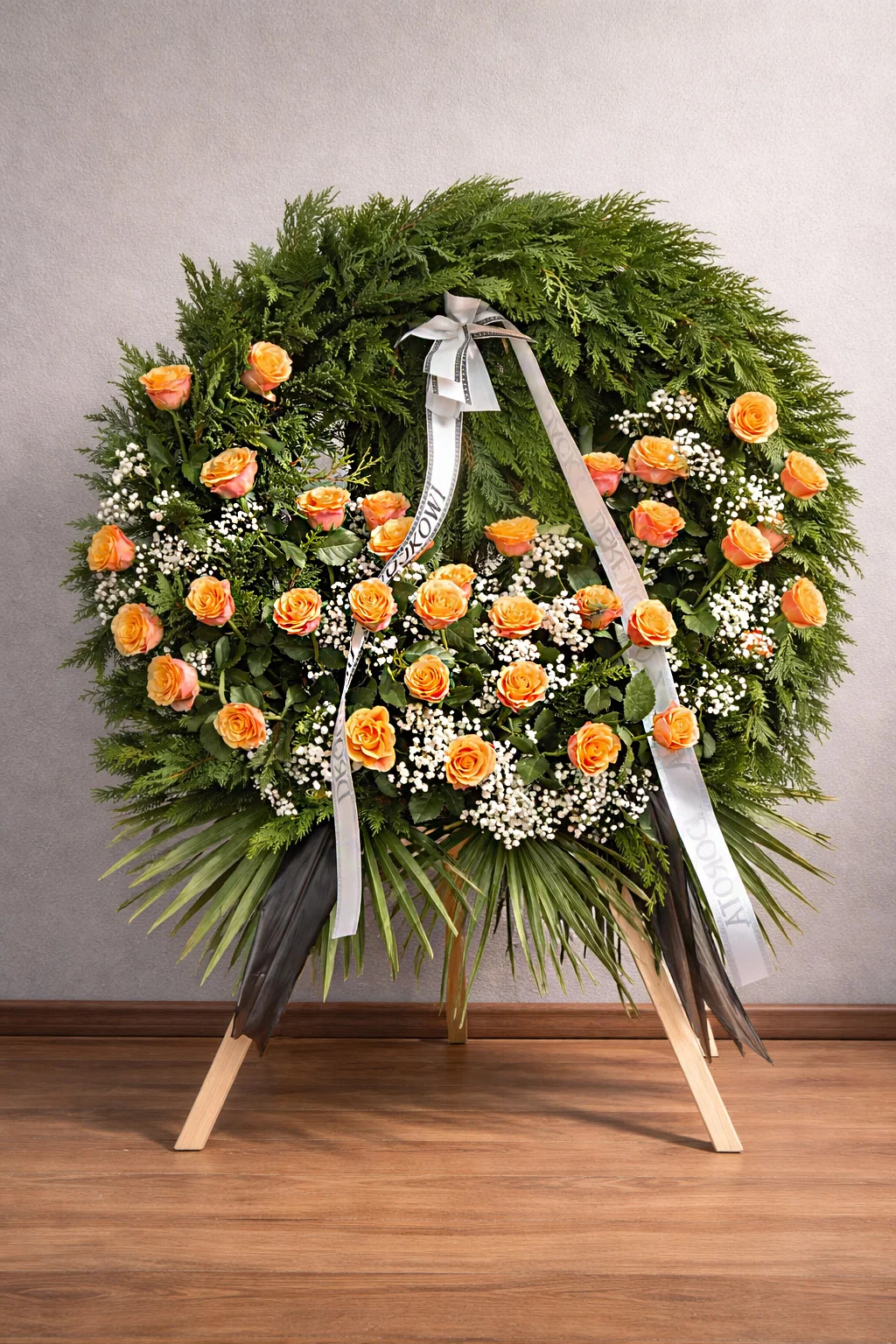 Wieniec pogrzebowy z pomarańczowych róż na stojaku